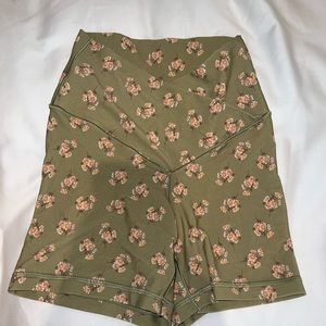 Aerie crossover biker shorts in floral green.